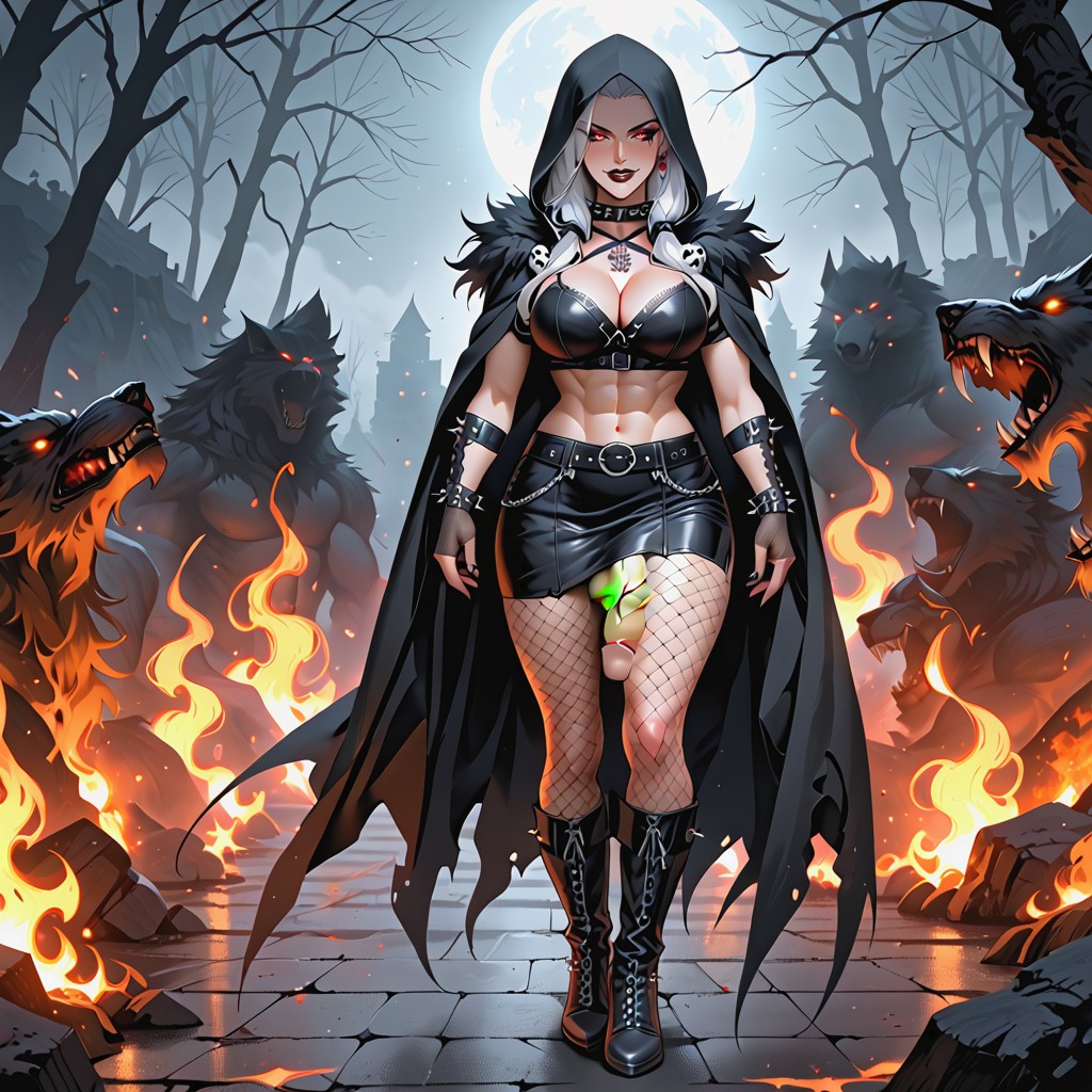 Studded Wrists, Hell Fire Background With Lava, Studded Cockring Shemale AI Porn