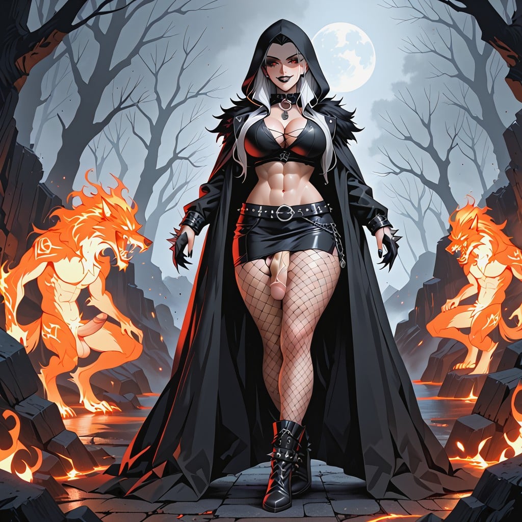 Hell Fire Background With Lava, Cleavage Breasts, Fit Body Transfrau KI-Porno