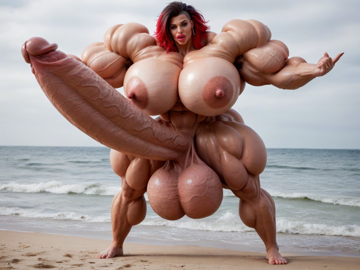 Balls Are Big Enough To Touch The Floor, Hyper Gigantic Balls, Hyper Gigantic Muscle Growth Shemale AI Porn