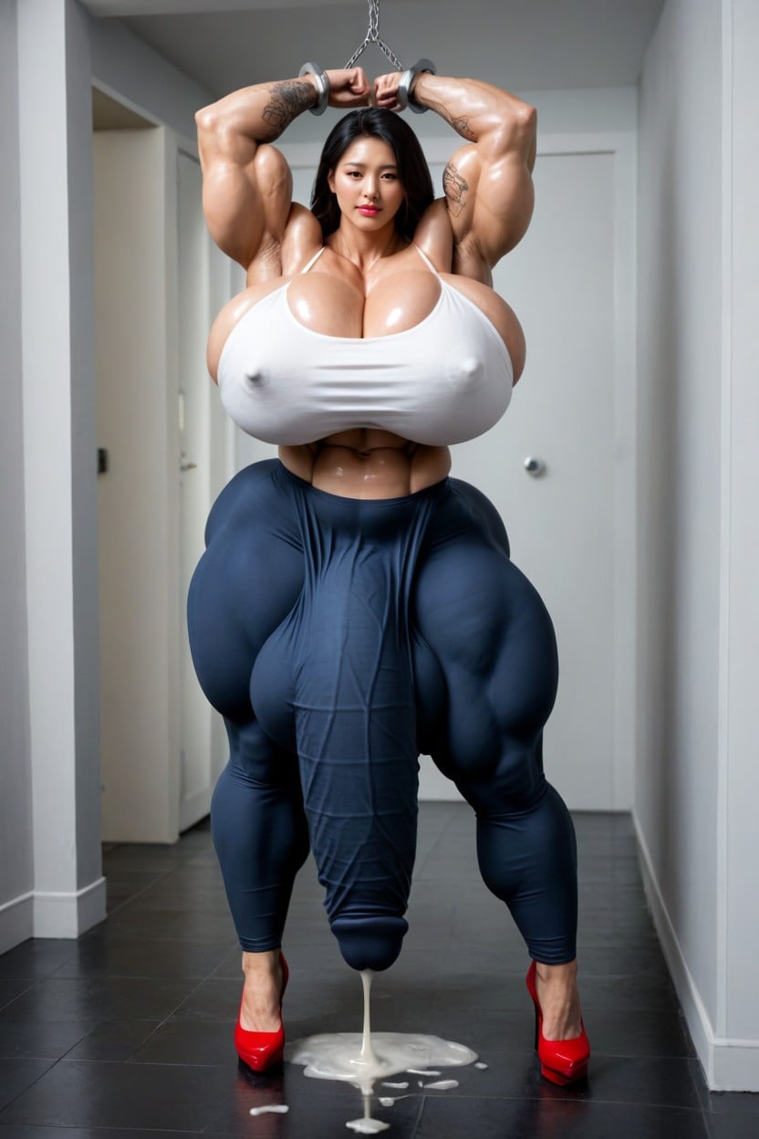 Extremely Large Ass, Cum Dripping Down Skin, Hard Colossal Penis Under Clothes Shemale AI Porn