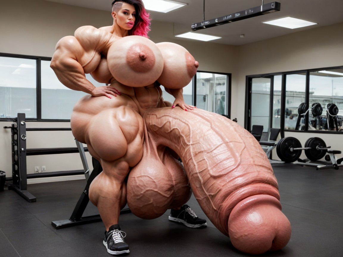 Hyper Absurdly Oversized Muscle, Buzzcut Hair, Small Breasts Shemale AI Porn