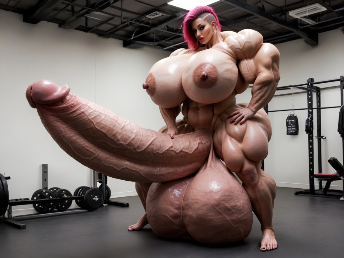 Balls Are Big Enough To Touch The Floor, Buzzcut Hair, Naked Shemale AI Porn