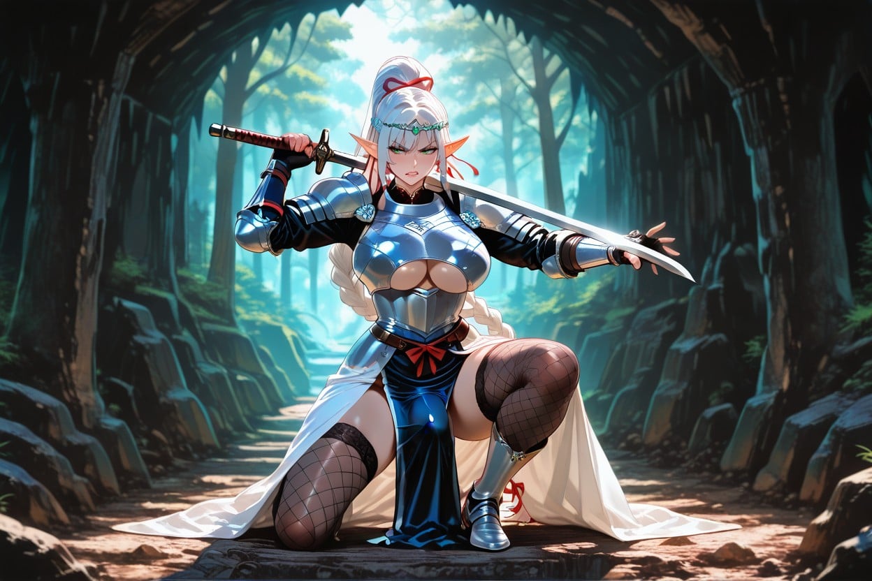 Red Ribbons On Hair, Dress Armor, Facing Viewer Shemale AI Porn