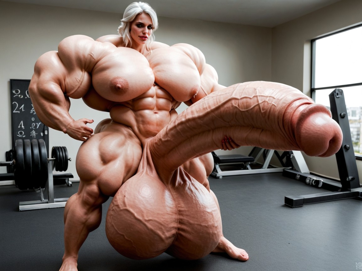 Hyper Absurdly Oversized Gigantic Girthy Penis, Hyper Gigantic Biceps, Balls Are Big Enough To Touch The Floor Shemale AI Porn