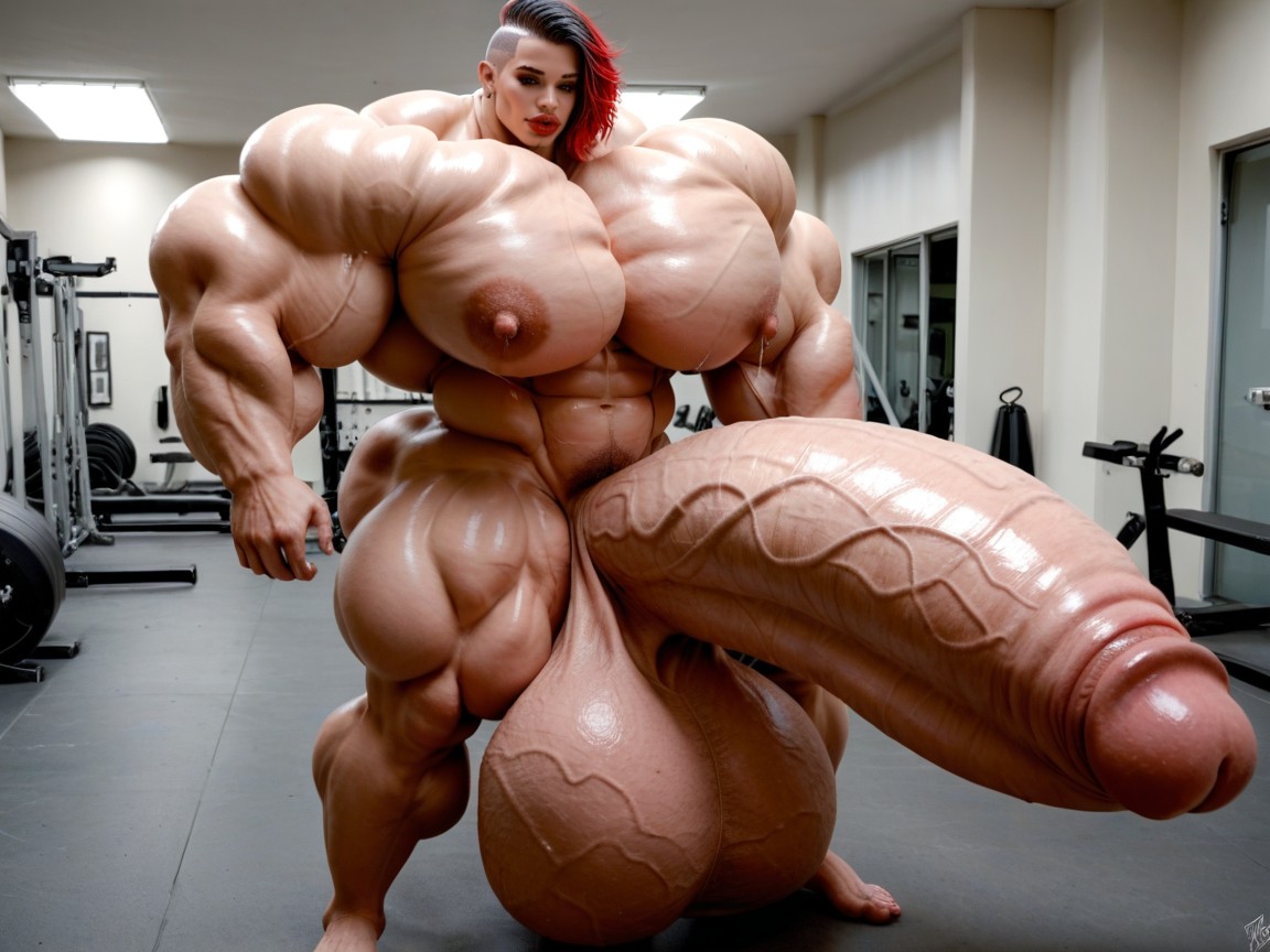 Giant Bulging Penis, Hyper Absurdly Gigantic Balls, Hyper Gigantic Massive Balls Shemale AI Porn