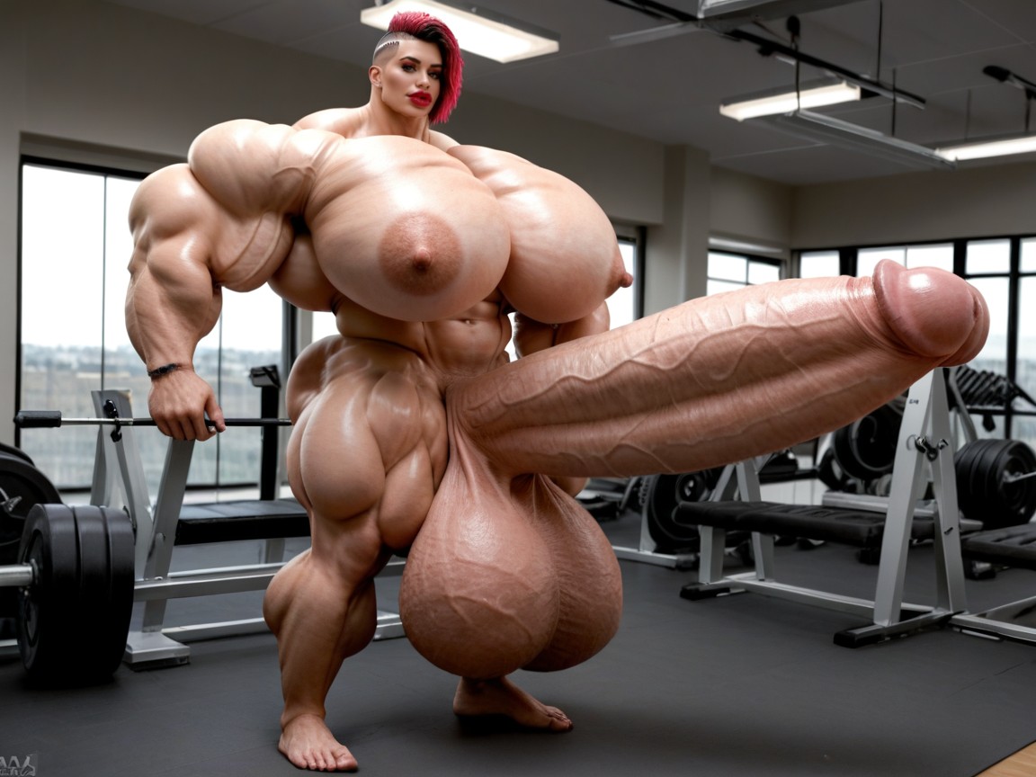 Hyper Gigantic Muscle Growth, Penis Bigger Than Body, Hyper Swollen Bimbo Lips Shemale AI Porn