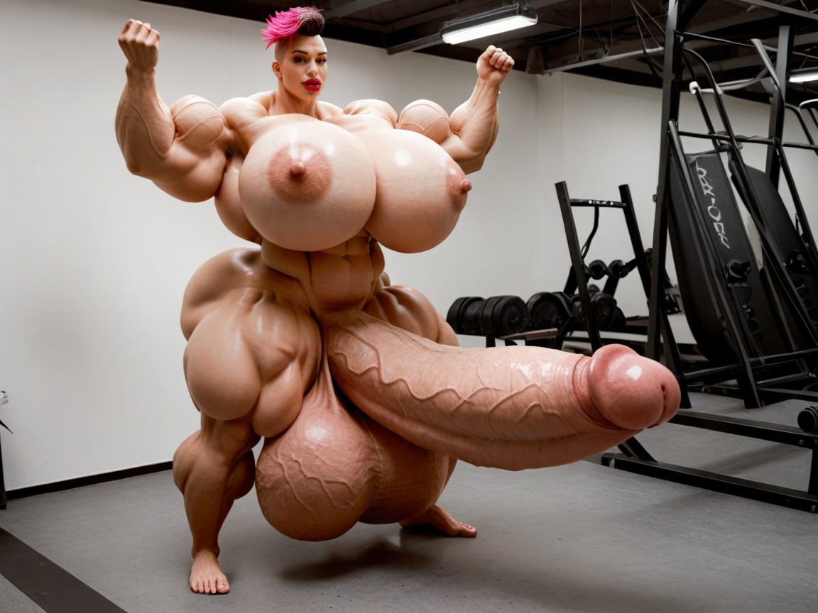 Hyper Gigantic Muscle Hips, Buzzcut Hair, Full Body View Shemale AI Porn