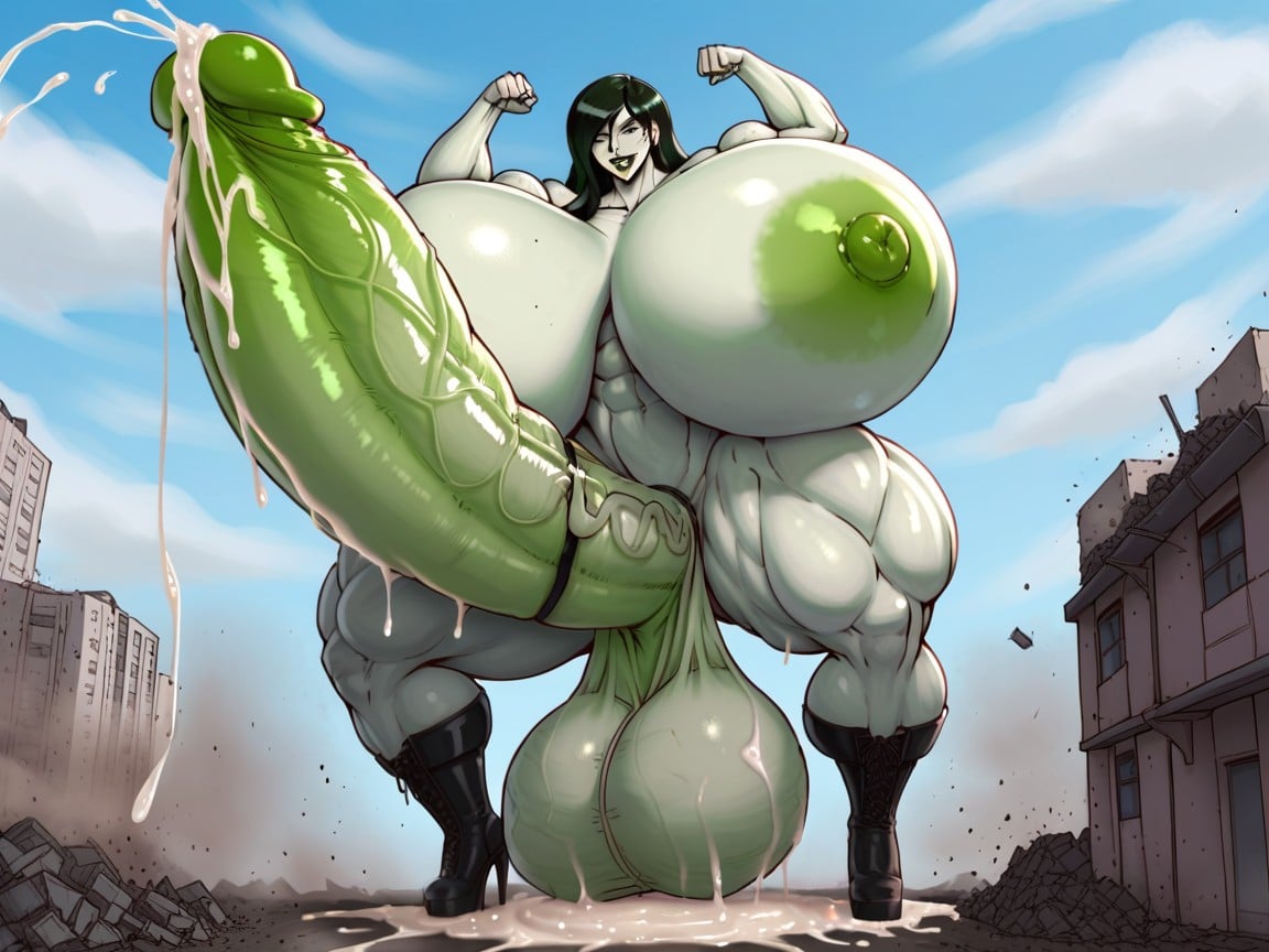 Futanari With Erect Penis, Standing, Grasping Massive Long Oversized Hyper Cock Shemale AI Porn