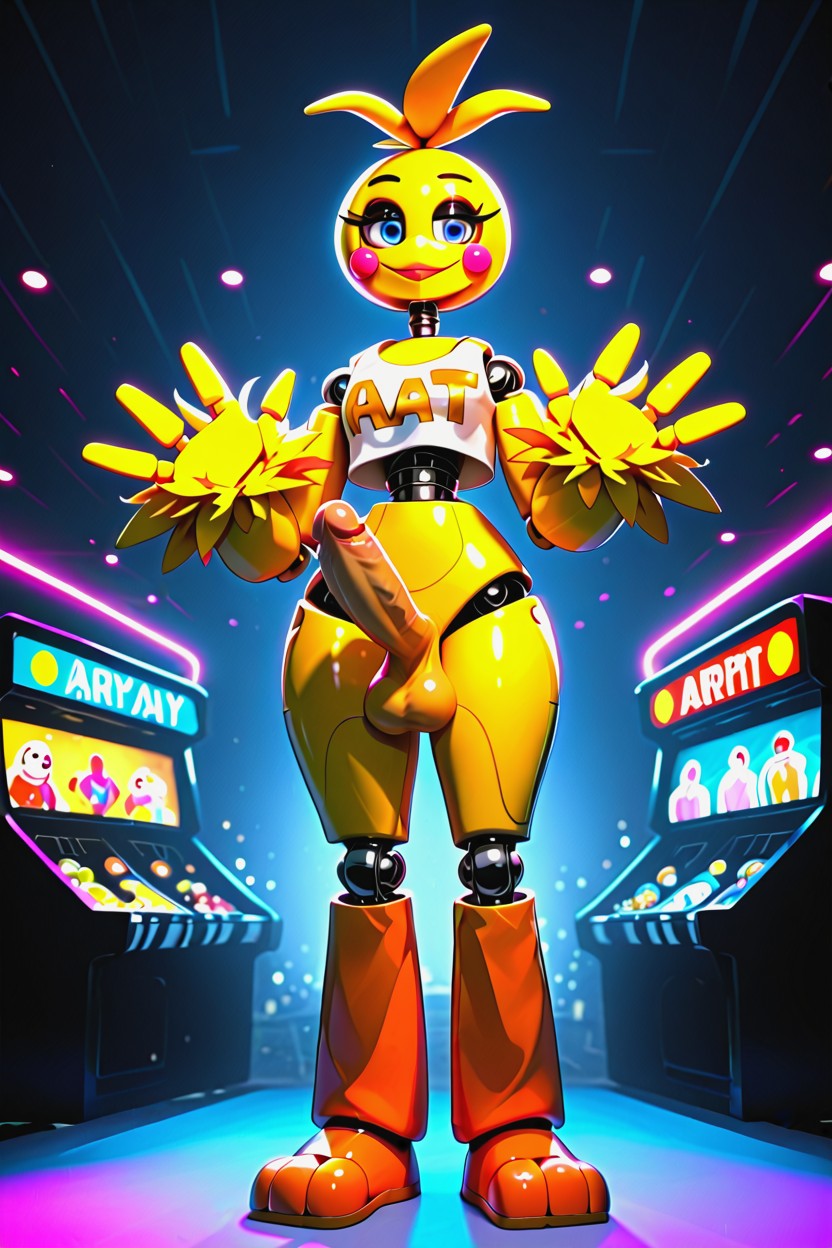 Rounded Made Of Shiny Yellow Plastic Segments, Large Rounded Hips, Full Animatronic Shemale AI Porn
