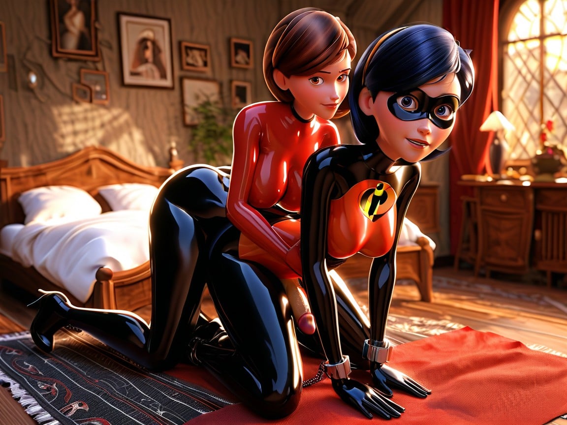 2 People, Helen Has Violet On The Bed And Is Fucking Her Doggystyle, With Long Black Hair From The Incredibles Shemale AI Porn