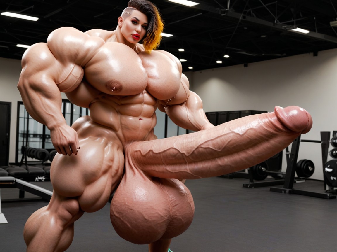 Penis Gigantic Then Torso, Hyper Absurdly Oversized Muscle, Hyper Gigantic Muscle Growth Travesti IA Pornô