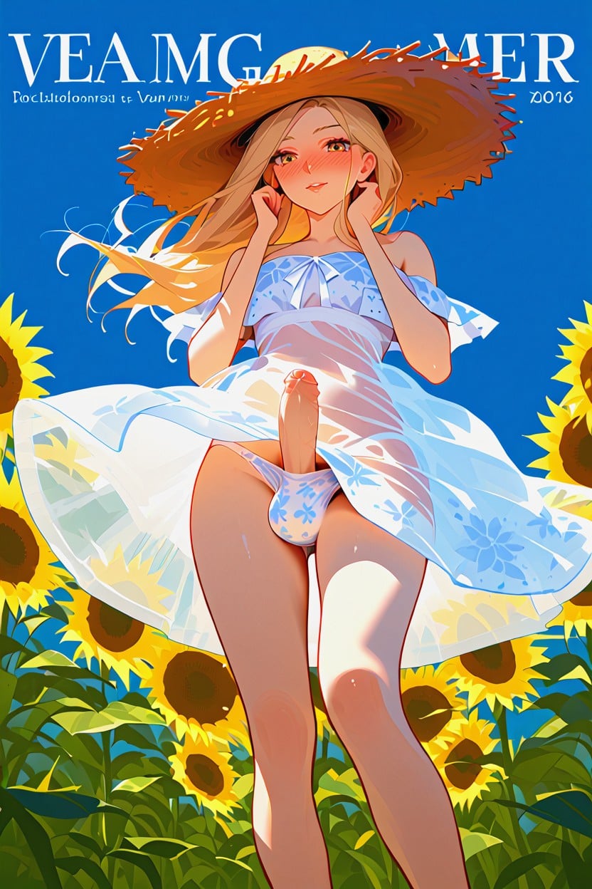 Knees Together, Svelt Body, Wide Brimmed Straw Hat Porno IA transsexuelle