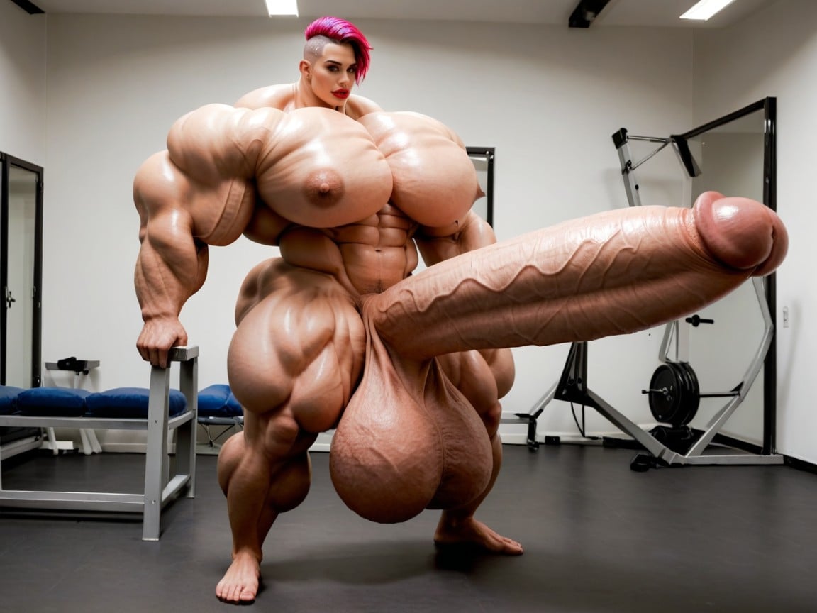 극도로 근육질, Hyper Gigantic Massive Balls, Full Body View 쉬메일 AI 포르노