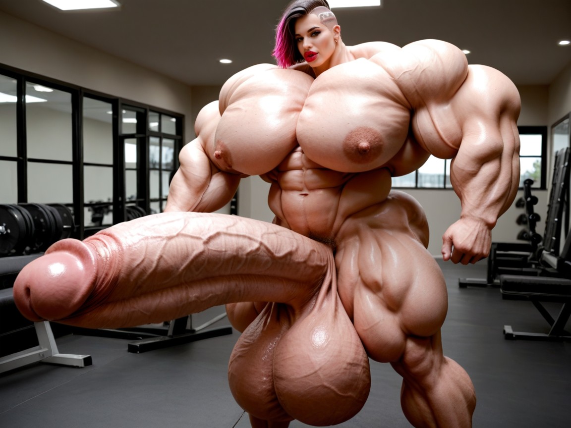 Balls Are Big Enough To Touch The Floor, Hyper Absurdly Oversized Gigantic Massive Muscle, Hyper Gigantic Growth ニューハーフAIポルノ