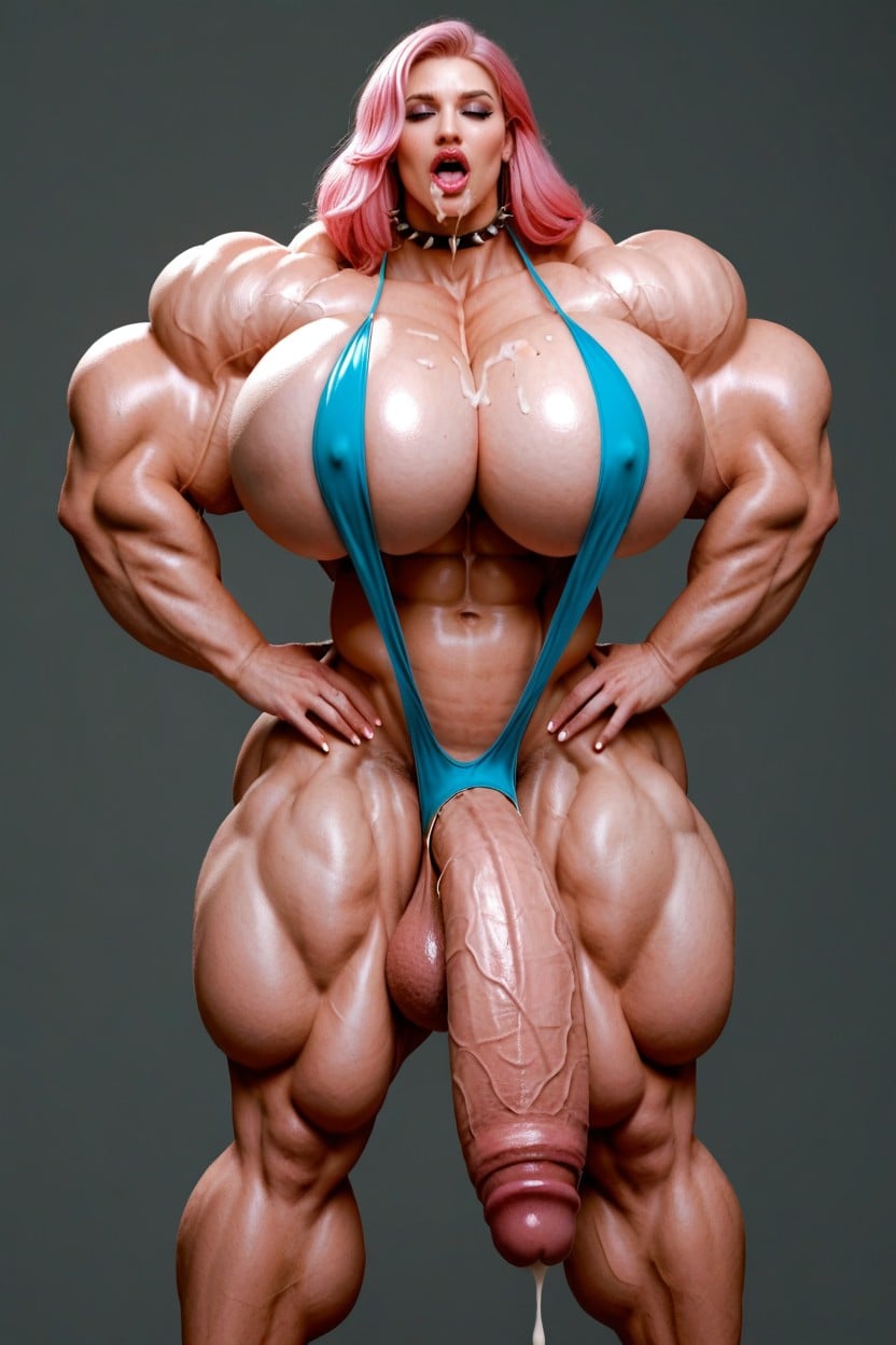 Hyper Gigantic Manly Muscles With Round Tits And Female Face, オーガズム, Cyan Slingshot Bikini ニューハーフAIポルノ