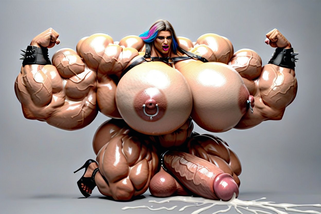 Huge Ass, Exaggerated Vascularity, Leather Body Harness Shemale AI Porn