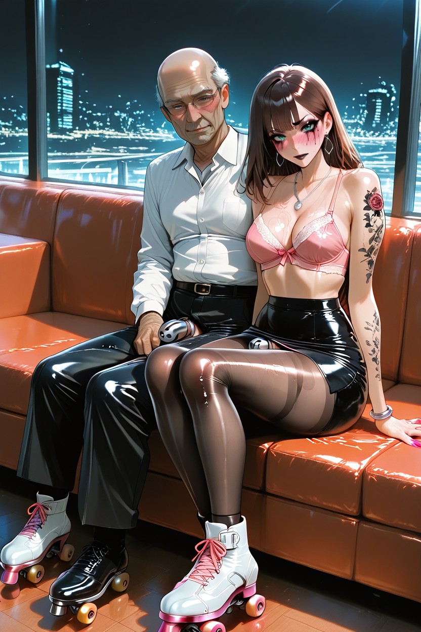Silver Ankle Bracelets, Blushing, Wearing Cock Chastity Cage Shemale AI Porn
