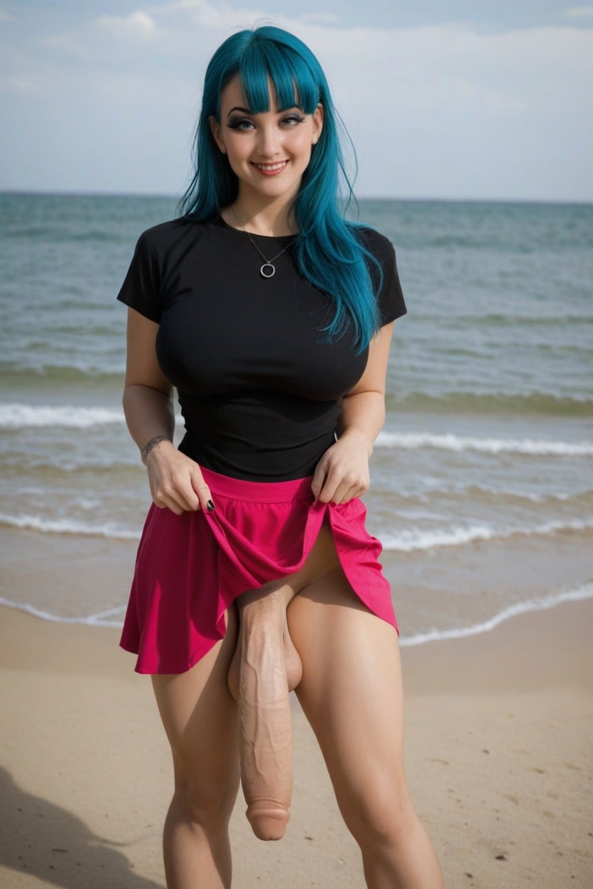 Beach, Sagging Testicles, Standing Shemale AI Porn