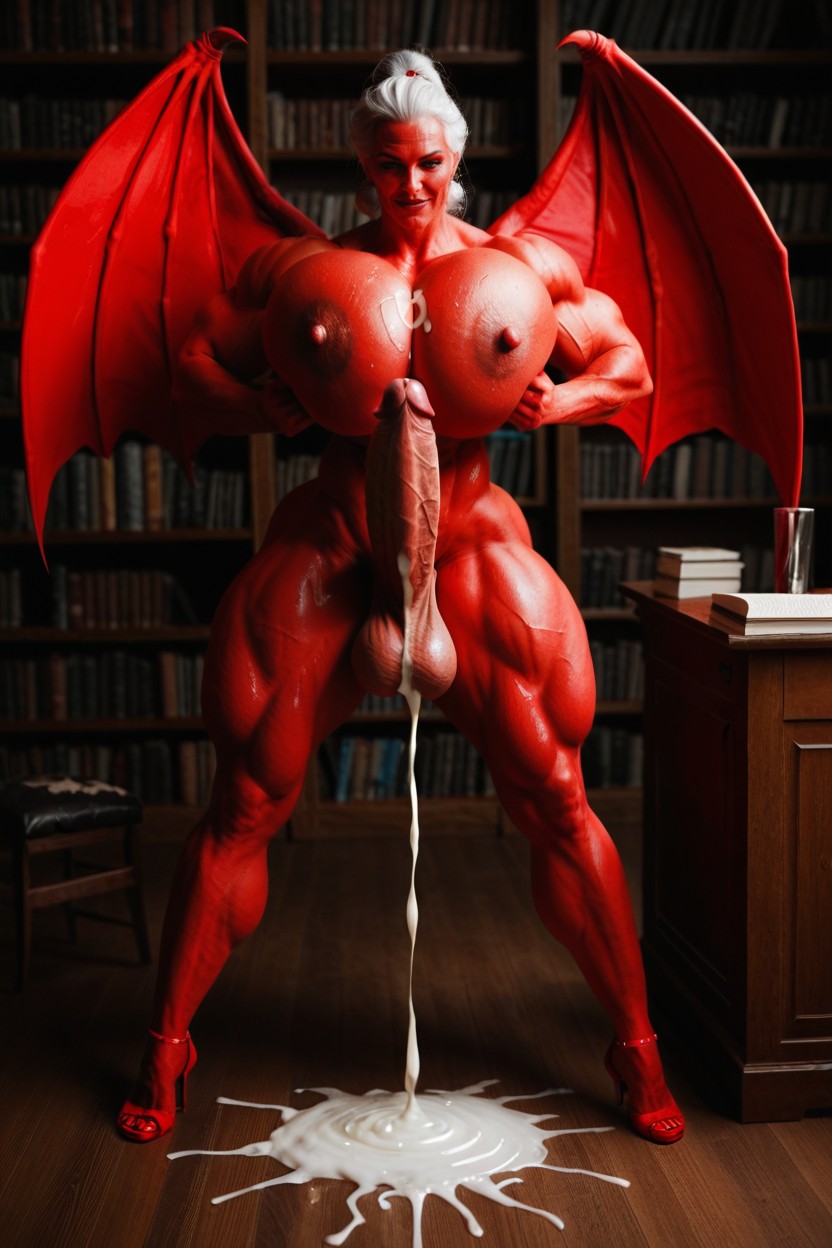 Standing, Hyper Muscular Futa Succubus, Red Big Wings Shemale AI Porn