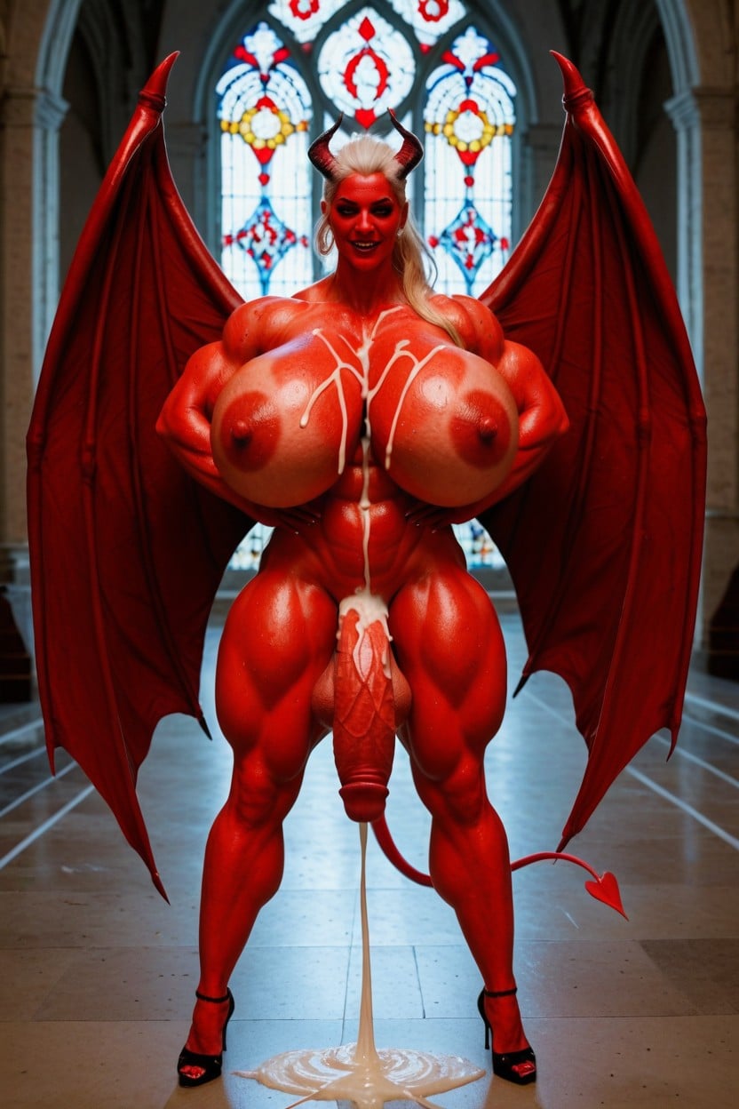 Red Color Breasts, Gigantic Enormous Biceps, Succubus Back Big Wings Shemale AI Porn