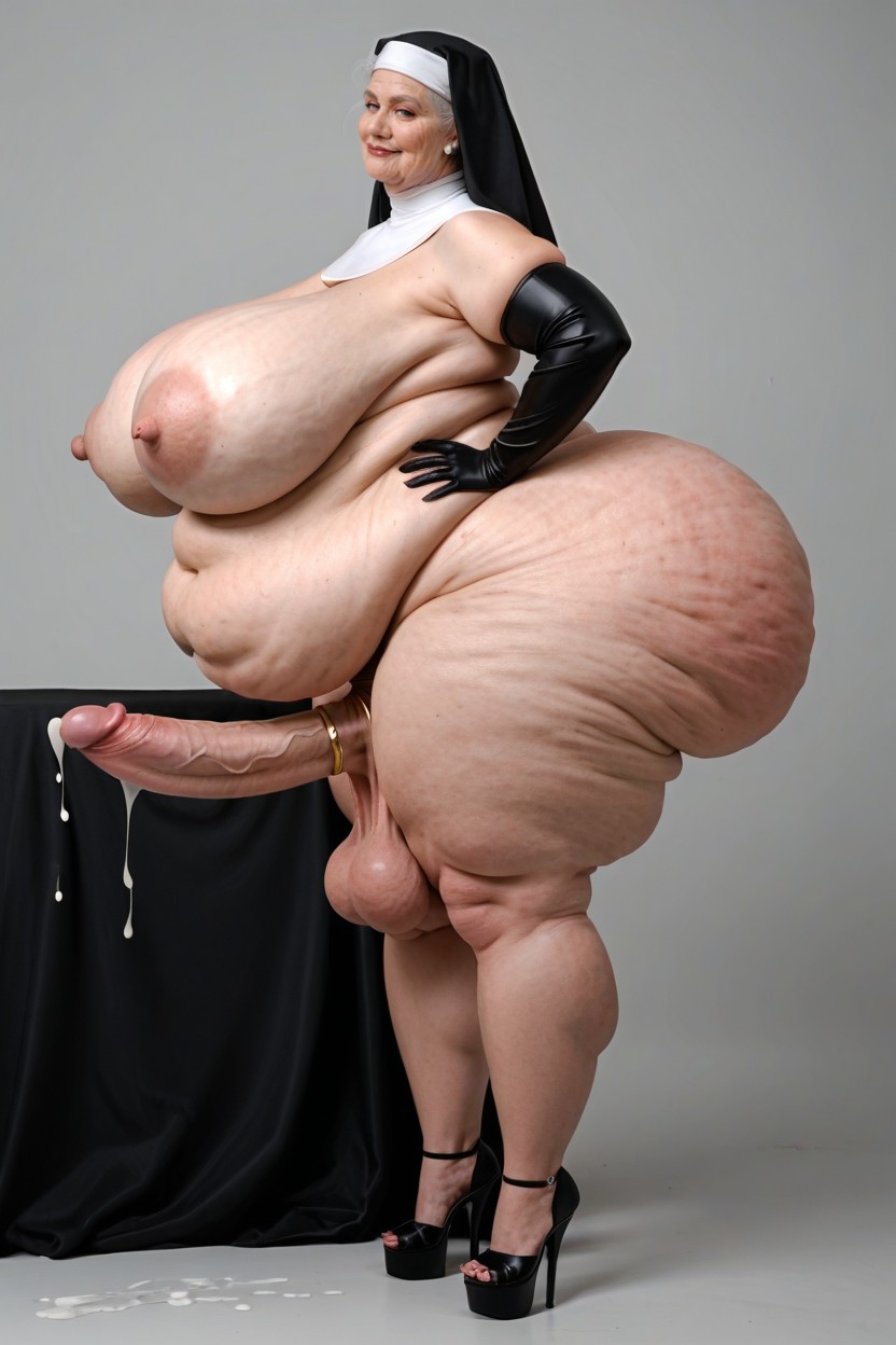 Standing Upright, Extremely Large Ass, Low Hanging Balls Shemale AI Porn