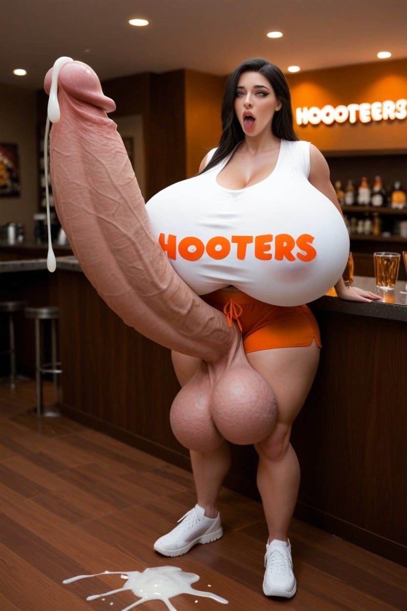 Hyper Massive Cock Taller Than Body, Huge Breasts Bulging Out Of Tight White Hooters Shirt, Cleavage Shemale AI Porn