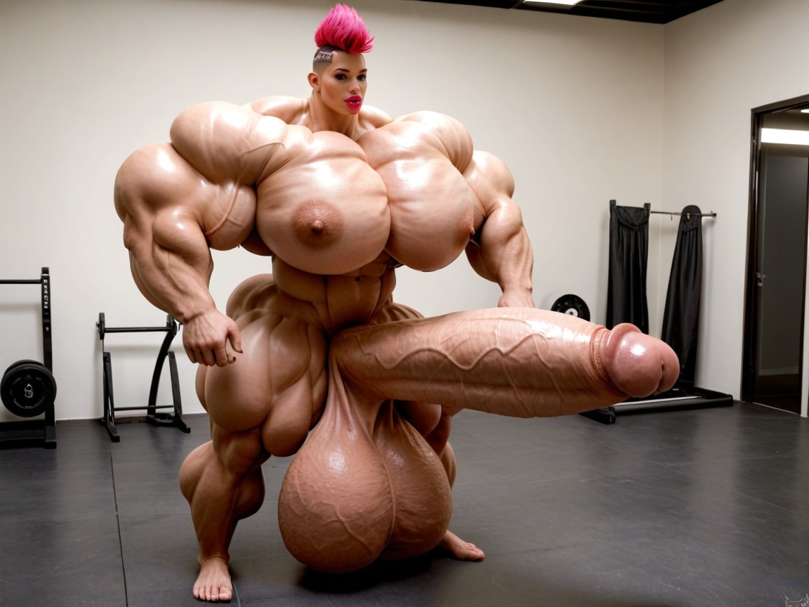 Hyper Swollen Bimbo Lips, Hyper Gigantic Muscle Hips, Hyper Absurdly Oversized Penis Shemale AI Porn