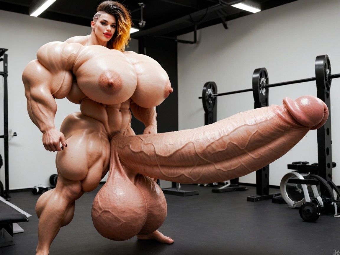 Nude Hyper Futanari With Hyper Gigantic Penis, Hyper Absurdly Oversized Gigantic Massive Muscle, Buzzcut Hair Shemale AI Porn