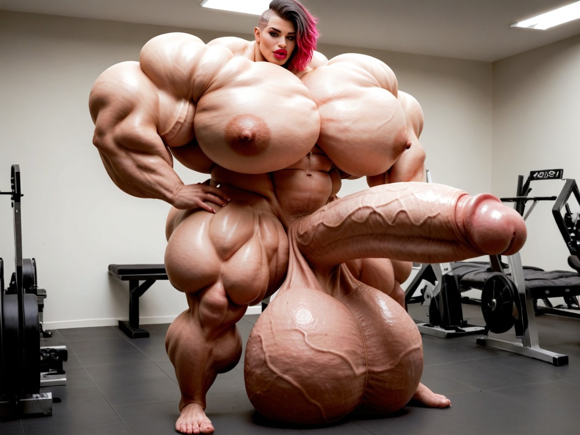 Balls Are Big Enough To Touch The Floor, Buzzcut Hair, Ultra Detailed Face Shemale AI Porn