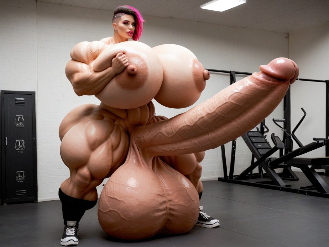 Hyper Absurdly Oversized Penis, Hyper Swollen Bimbo Lips, Hyper Absurdly Oversized Muscle Shemale AI Porn