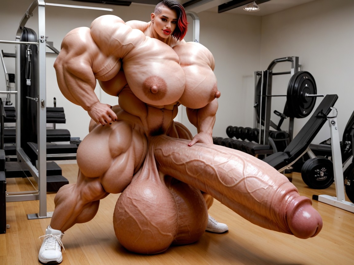 Hyper Gigantic Massive Balls, Penis Gigantic Then Torso, Hyper Absurdly Gigantic Massive Muscle Shemale AI Porn