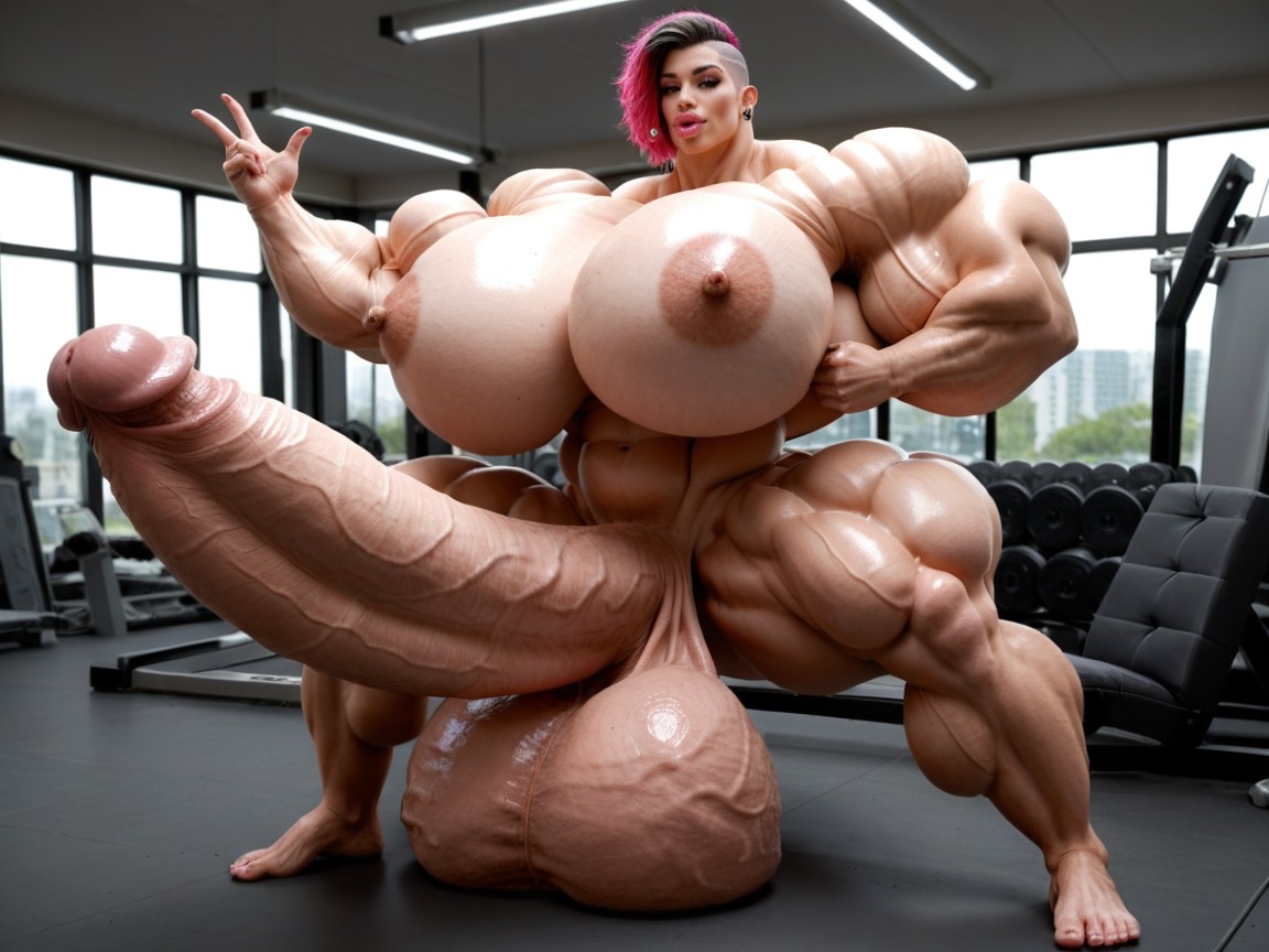 Buzzcut Hair, Hyper Gigantic Biceps, Hyper Absurdly Oversized Gigantic Girthy Penis Shemale AI Porn