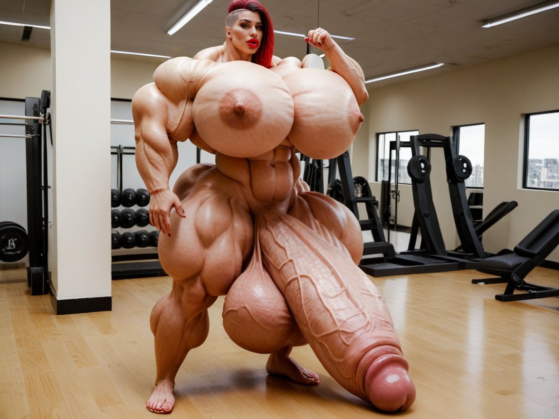 Hyper Gigantic Balls, Penis Gigantic Then Torso, Hyper Swollen Bimbo Lips Shemale AI Porn