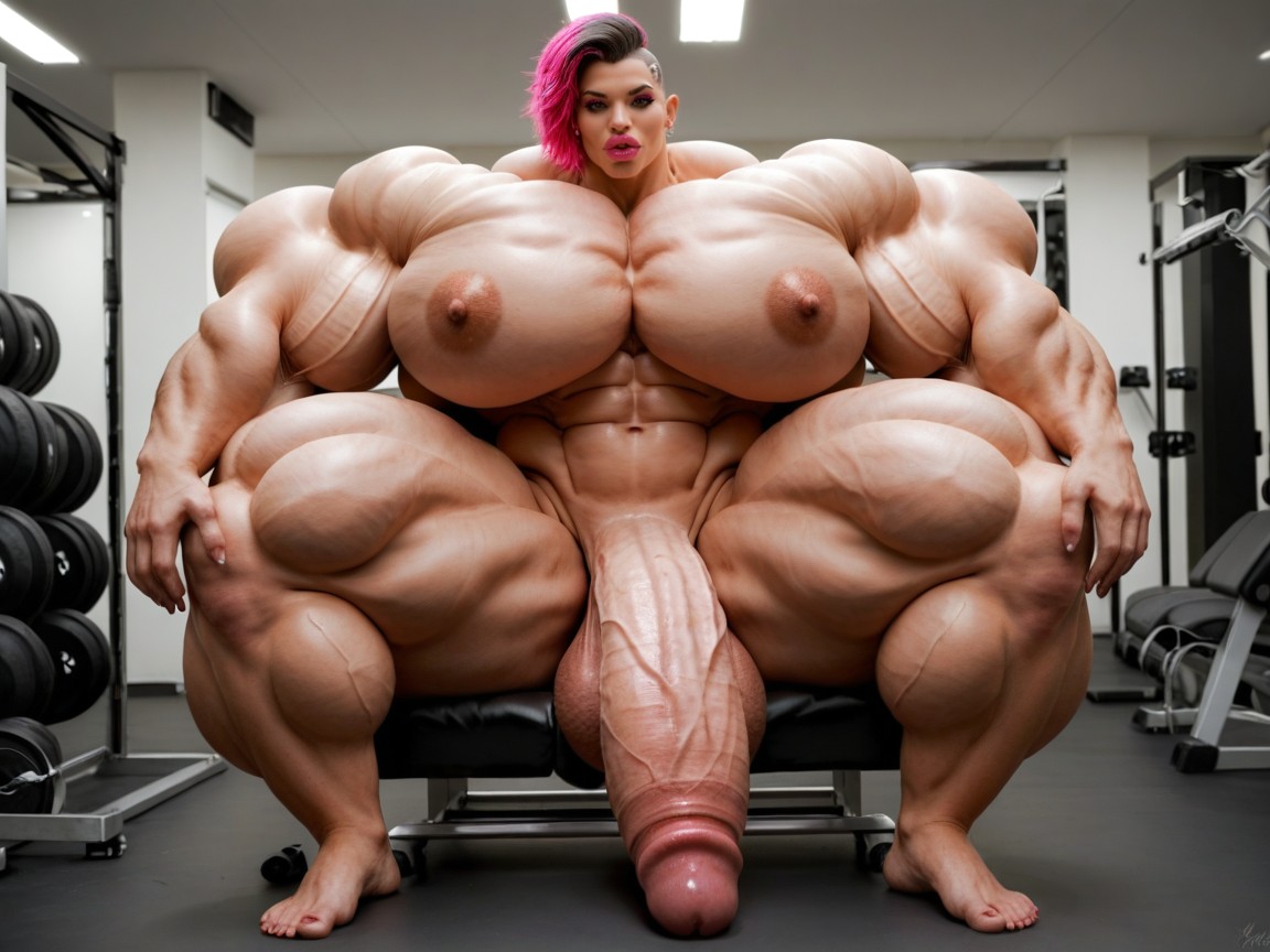 Hyper Absurdly Oversized Gigantic Girthy Penis, Hyper Absurdly Oversized Gigantic Massive Muscle, Full Body View Shemale AI Porn