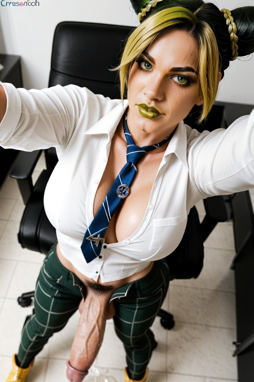 Her Penis Is Bigger Than Her Body Straight Up In Front Of Her Clothes, Cosplay, Legs Together Shemale AI Porn