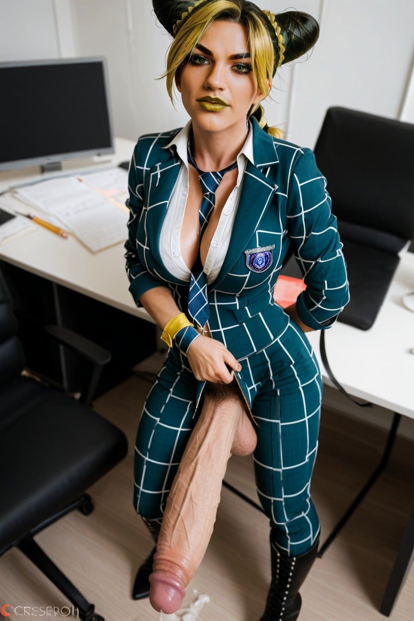 Legs Together, Excessively Leaking Precum, Bright Green Eyes Visible Detailed Hyperrealistic Face Shemale AI Porn