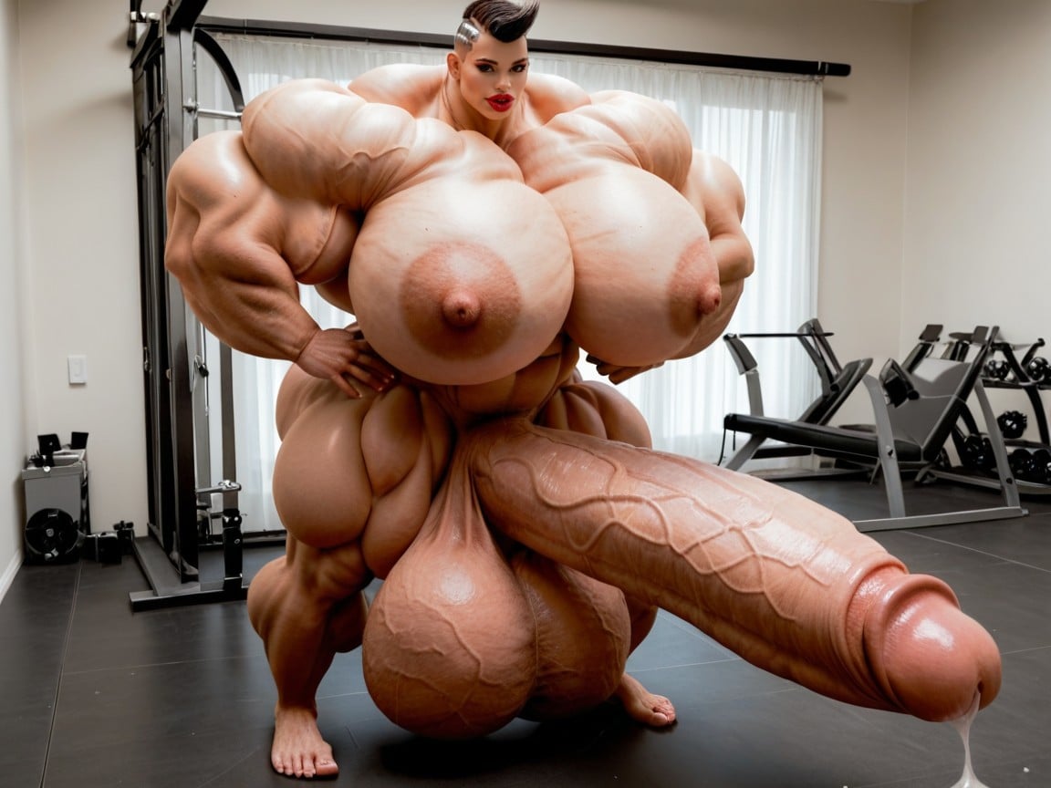 Hyper Swollen Bimbo Lips, Hyper Gigantic Massive Balls, Buzzcut Hair Shemale AI Porn
