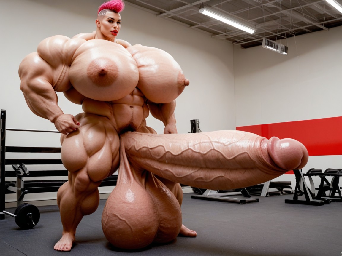 Hdr, Extremely Muscular, Hyper Absurdly Oversized Gigantic Wides Penis Shemale AI Porn