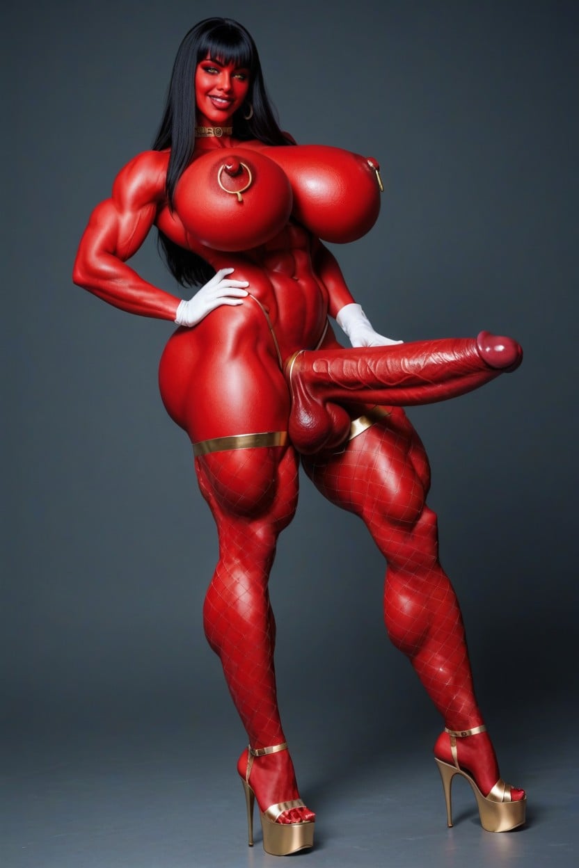 Dark Makeup, Extremely Muscular, Red Skin Shemale AI Porn