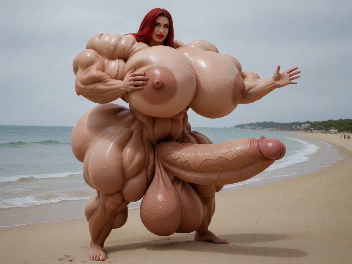 Beach, Ultra Detailed Face, Hyper Swollen Bimbo Lips Shemale AI Porn