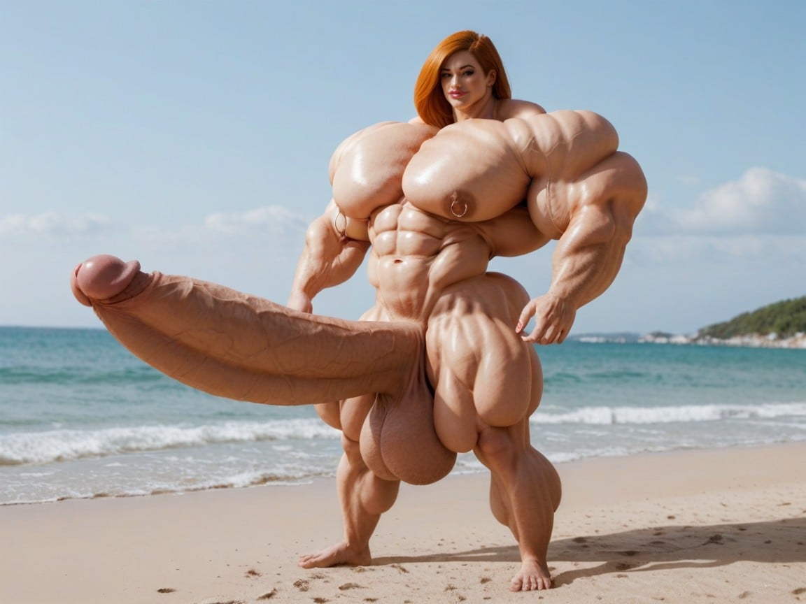 Beach, Balls Are Big Enough To Touch The Floor, Gorgeous Face Shemale AI Porn