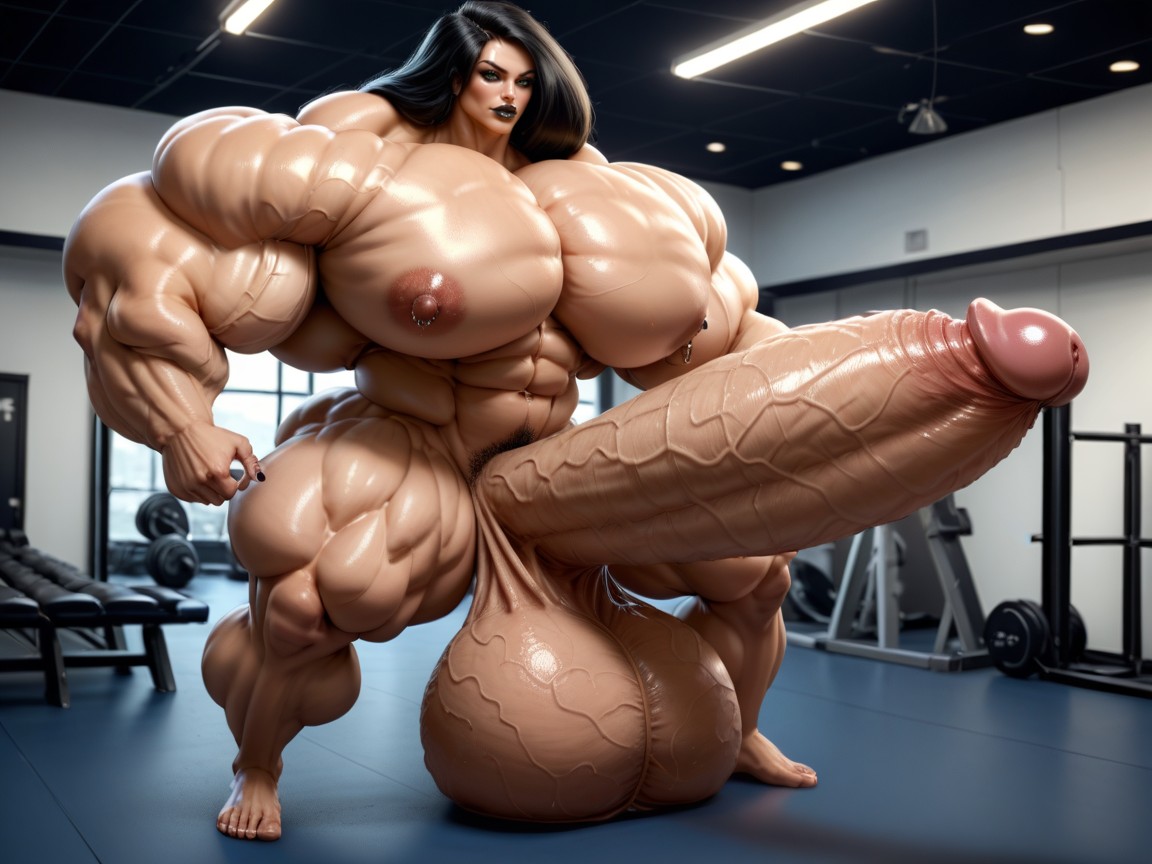 Full Body View, Naked, Hyper Absurdly Oversized Gigantic Massive Muscle Shemale AI Porn