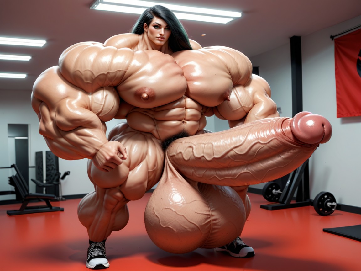 Gorgeous Face, Nude Hyper Futanari With Hyper Gigantic Penis, Balls Are Big Enough To Touch The Floor Shemale AI Porn