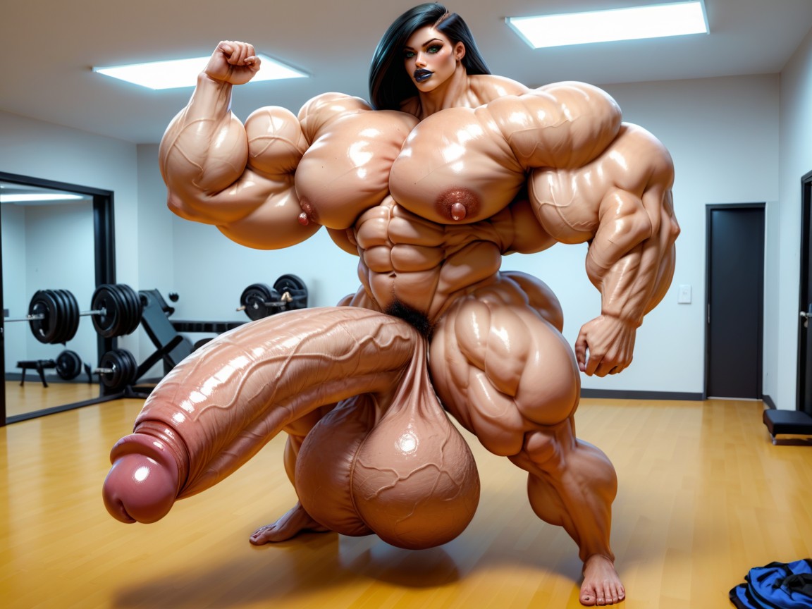 Hyper Gigantic Muscle Growth, Hyper Absurdly Oversized Penis, Balls Are Big Enough To Touch The Floor Shemale AI Porn