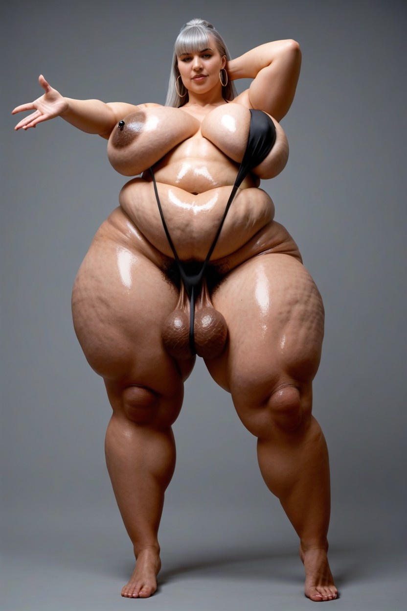 Fat Face, Huge Round Thighs, Extremely Hairy Testicular Hyper Pubic Hair Covering Balls Long Ball Hair Shemale AI Porn