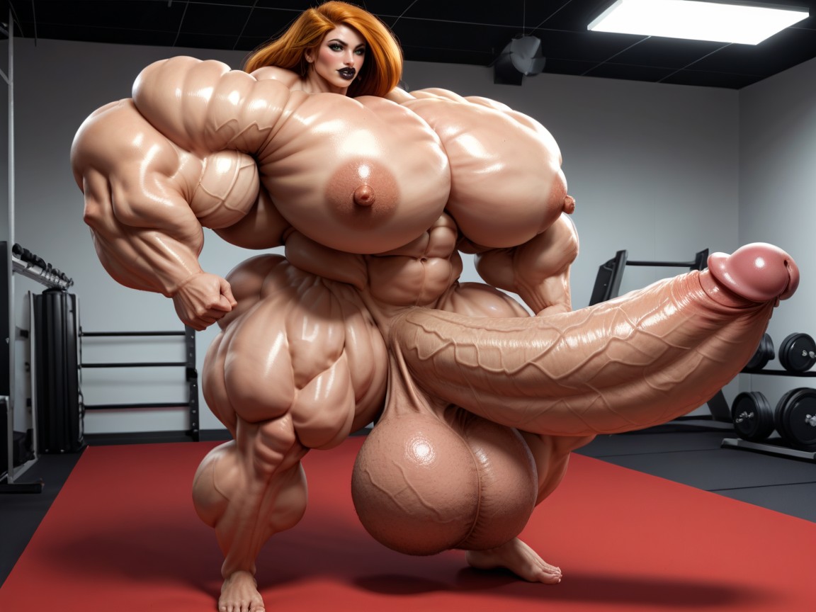 Hyper Gigantic Muscle Hips, Nude Hyper Futanari With Hyper Gigantic Penis, Full Body View 人妖AI黃片