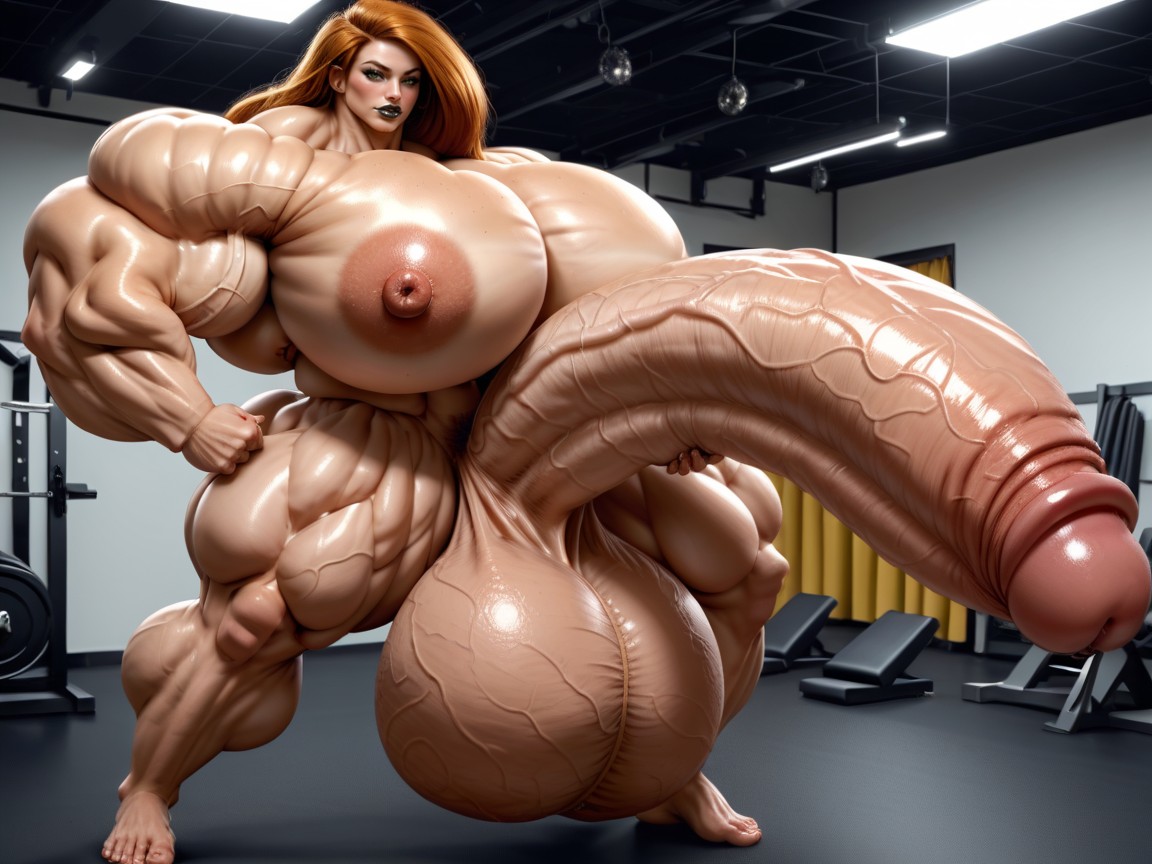 Full Body View, Giant Bulging Penis, Hyper Bimbo Travesti IA Pornô