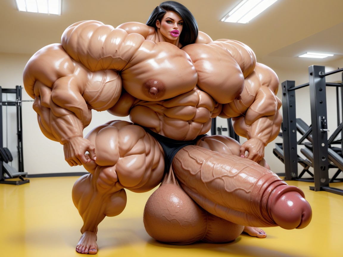 Hyper Absurdly Gigantic Massive Muscle, Hyper Absurdly Oversized Gigantic Girthy Penis, Hyper Swollen Bimbo Lips Shemale AI Porn