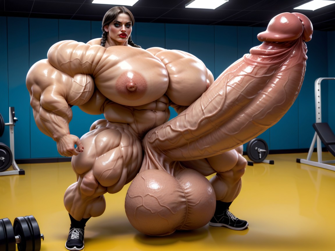 Giant Bulging Penis, Hyper Swollen Bimbo Lips, Nude Hyper Futanari With Hyper Gigantic Penis Shemale AI Porn