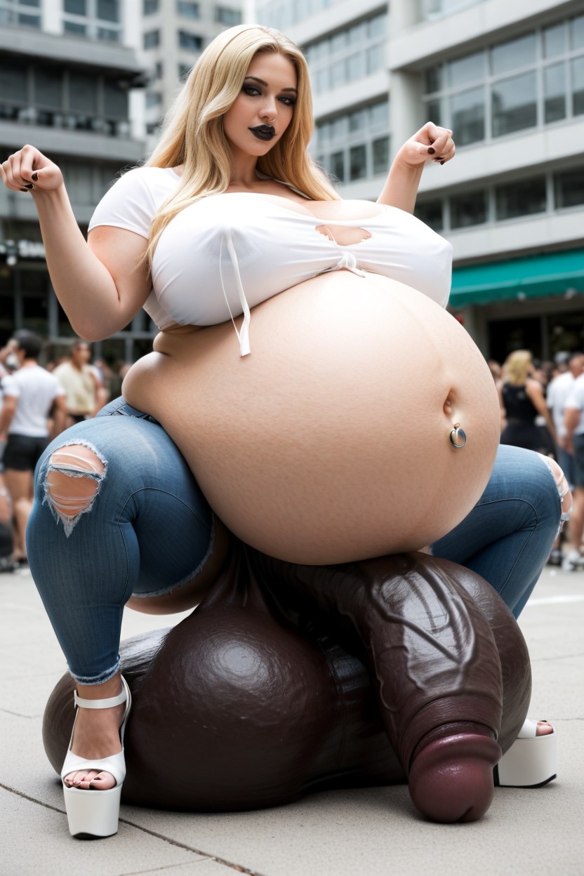 Katzenstellung, Extra Gigantic Pregnant Belly, White Crop Top Transfrau KI-Porno